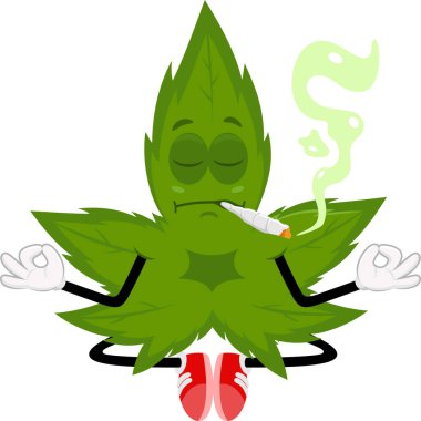 Esrar içip meditasyon yapan komik marihuana çizgi film karakteri. Vektör El Çizimi Görünümü Şeffaf Arkaplanda İzole Edildi