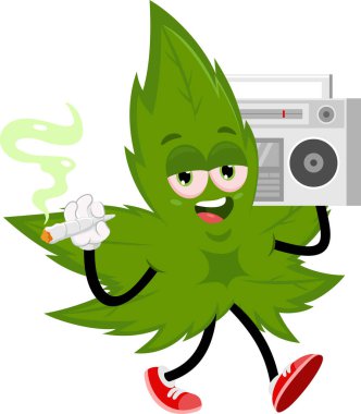 Esrarlı Komik Marihuana Yaprak Çizgi Karakteri Müzik Kutusu Ot İçiyor. Vektör El Çizimi Görünümü Şeffaf Arkaplanda İzole Edildi