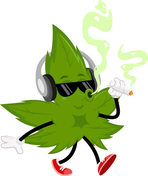 Lustige Marihuana Blatt Cartoon Figur Mit Kopfhörern Die Gehen Und — Stockvektor