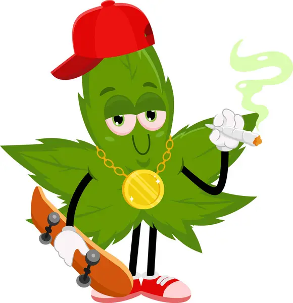 Gangsta Marijuana Leaf Cartoon Character Smoking Joint Vector Hand Drawn — Stock Vector