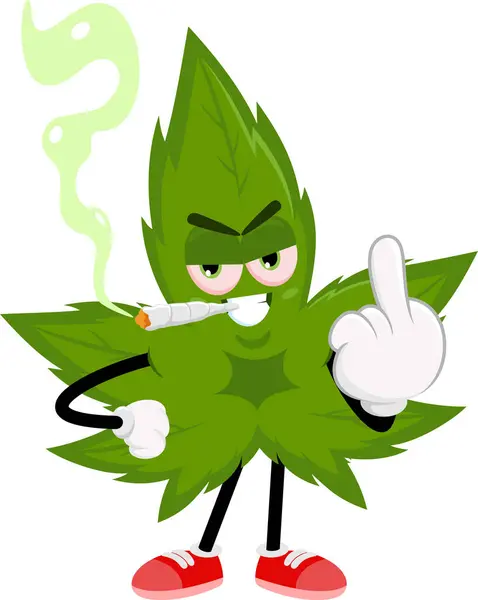 Angry Marijuana Leaf Мультфільм Характер Joint Showing Middle Finger Векторна — стоковий вектор