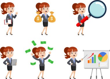 İş kadını çizgi film karakteri. Vektör Düz Tasarım Koleksiyonu Seti Şeffaf Arkaplanda İzole Edildi