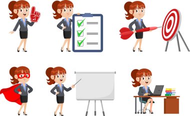 İş kadını çizgi film karakteri. Vektör Düz Tasarım Koleksiyonu Seti Şeffaf Arkaplanda İzole Edildi