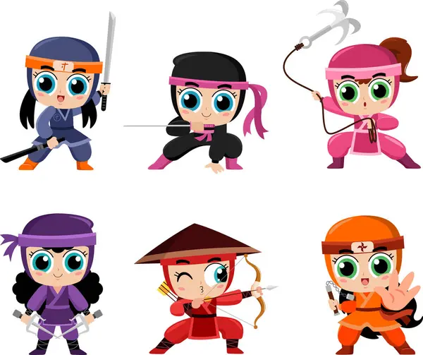 Şirin Ninja Kız Savaşçı Karakterleri Vektör Düz Tasarım Koleksiyonu Seti — Stok Vektör