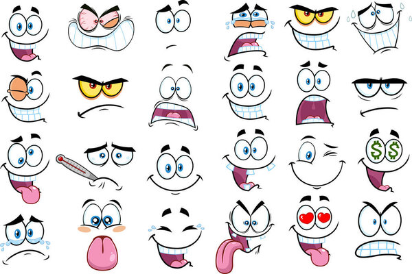 Cartoon Funny Faces Old Animation Style. Vector Hand Drawn Collection Set Isolated On Transparent Background