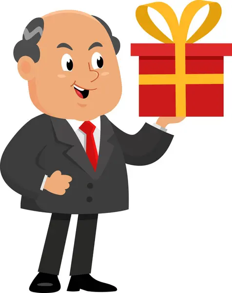 Happy Business Boss Man Cartoon Character Drží Dárkový Box Vektorové — Stockový vektor