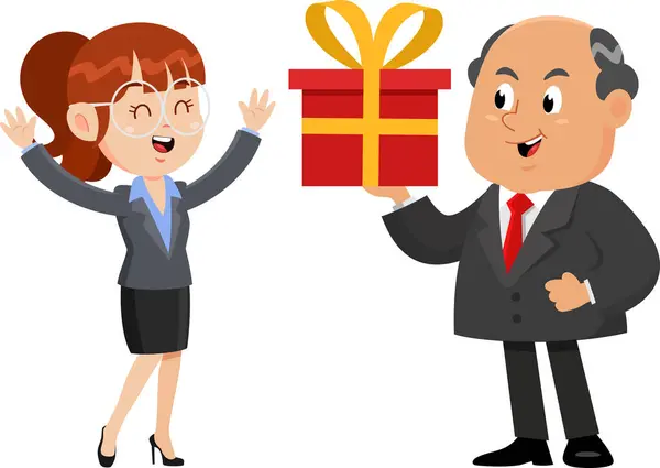 Happy Business Boss Man Überraschende Sekretärin Mit Geschenk Cartoon Zeichen — Stockvektor