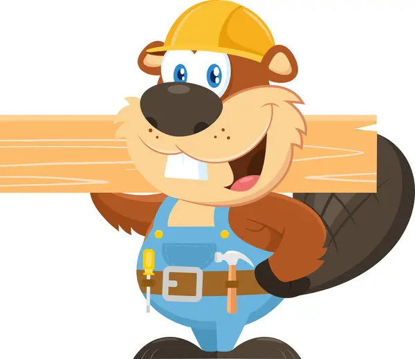 Cute Beaver Carpenter Cartoon Character Holding Wood Plank Vektorové Ilustrace — Stockový vektor