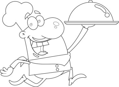 Gülümseyen Şef Çizgi Film Karakteri Gümüş Tabakla Çalışıyor. Vektör El Çizimi Görünümü Şeffaf Arkaplanda İzole Edildi