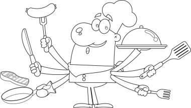 Aşçı Adam Çizgi Filmi Karakteri Mutfakta Çoklu Görev. Vektör El Çizimi Görünümü Şeffaf Arkaplanda İzole Edildi