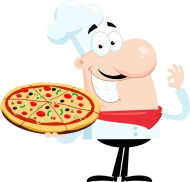 Gülümseyen Aşçı Çizgi Filmi Karakteri Pizza Tutuyor ve Hareket Ediyor. Vektör Resimlendirme Düz Tasarımı Şeffaf Arkaplanda İzole Edildi