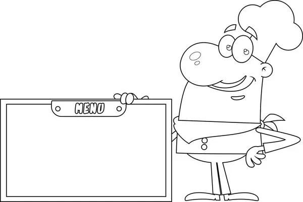 Umrissener Lächelnder Chef Man Cartoon Character Holding Wooden Menu Board — Stockvektor