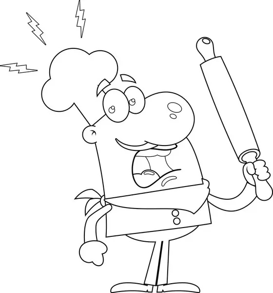 愤怒的厨师卡通人物拿着一个滚动的平底锅 在透明背景下孤立的矢量手绘图解 — 图库矢量图片