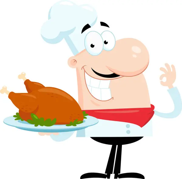Mosolygós Séf Man Cartoon Character Holding Pörkölt Csirke Vektor Illusztráció Stock Illusztrációk