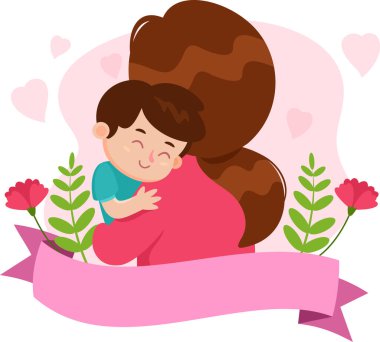 Karikatür Anneler Günü Sancak Şablonu, Bir Oğlu Kucaklayan Anne. Vektör Resimli Düz Tasarım Şeffaf Arkaplanda İzole Edildi