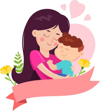 Karikatür Anneler Günü Sancak Şablonu, Bir Oğlu Kucaklayan Anne. Vektör Resimli Düz Tasarım Şeffaf Arkaplanda İzole Edildi