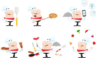 Komik Şef Adam Çizgi Film Karakteri. Vektör Düz Tasarım Koleksiyonu Seti Şeffaf Arkaplanda İzole Edildi