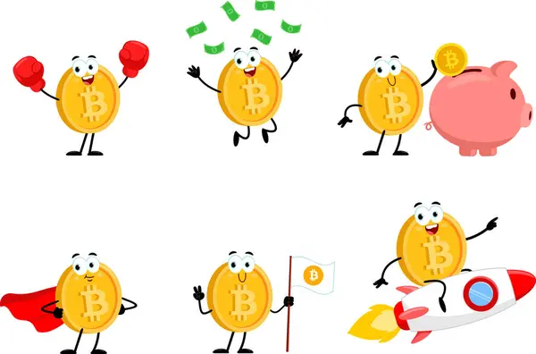 Bitcoin Crypto Personagem Dos Desenhos Animados Conjunto Coleção Design Plano Vetores De Bancos De Imagens