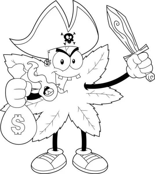 Marijuana Leaf Pirate Personnage Bande Dessinée Avec Sac Argent Épée — Image vectorielle