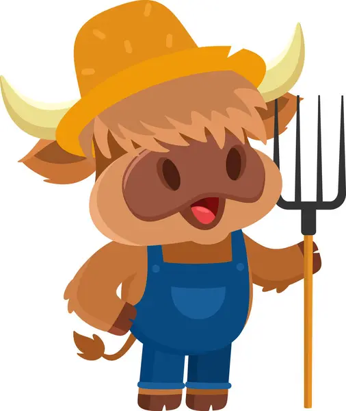 Cute Highland Cow Farmer Cartoon Character Carrying Rake Vector Illustration Royalty Free Stock Vectors