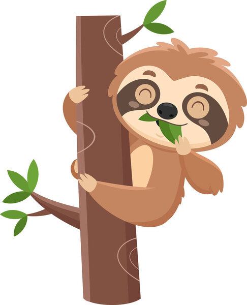 Funny Cute Sloth Cartoon Character Eating A Leaf. Vector Illustration Flat Design Isolated On Transparent Background