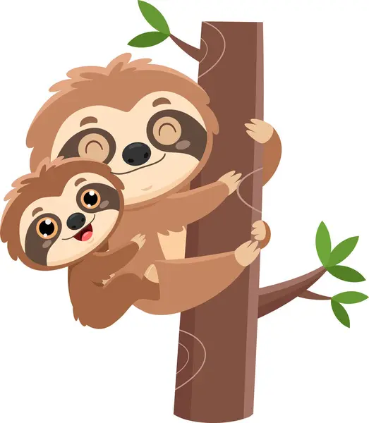 Cute Sloth Mom Baby Cartoon Characters Vector Hand Drawn Illustration Stock Illustration
