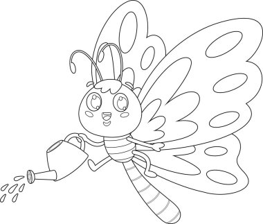 Şirin Kelebek Çizgi Filmi Sulama. Vektör Resimli Düz Tasarım Şeffaf Arkaplanda İzole Edildi