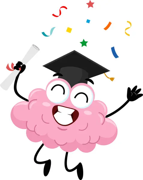 Graduate Brain Cartoon Character Holding Certificate Jumping Vektor Illustration Flachbild Vektorgrafiken