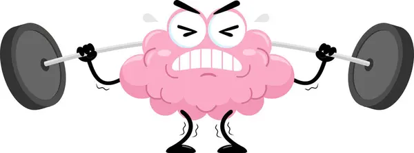 Funny Brain Cartoon Character Heben Von Gewichten Vektor Illustration Flachbild lizenzfreie Stockvektoren