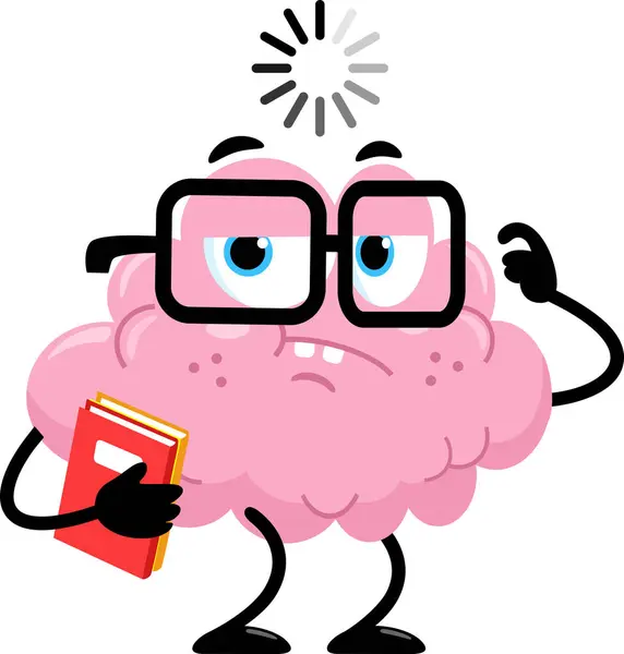 Funny Brain Cartoon Character Holding Lehrbücher Und Denkt Vektor Illustration lizenzfreie Stockvektoren