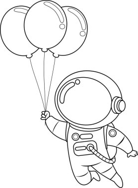 Balon kullanarak Uçan Sevimli Astronot Çizgi Filmi Karakteri. Vektör El Çizimi Görünümü Şeffaf Arkaplanda İzole Edildi