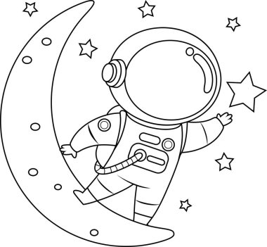 Ay 'da Durup El sallayan Sevimli Astronot Çizgi Filmi Karakteri. Vektör El Çizimi Görünümü Şeffaf Arkaplanda İzole Edildi