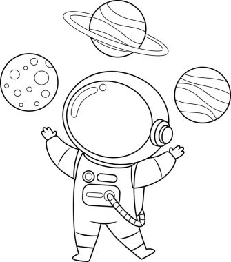 Gezegenlerle Hokkabazlık yapan Sevimli Astronot Çizgi Filmi Karakteri. Vektör El Çizimi Görünümü Şeffaf Arkaplanda İzole Edildi 