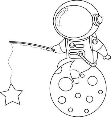 Balıkçı Çubuğuyla Gezegen 'de çizilmiş sevimli astronot çizgi film karakteri. Vektör El Çizimi Görünümü Şeffaf Arkaplanda İzole Edildi