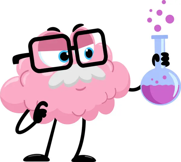 Scientist Professor Brain Cartoon Character Holding Flask Vector Illustration Flat lizenzfreie Stockillustrationen