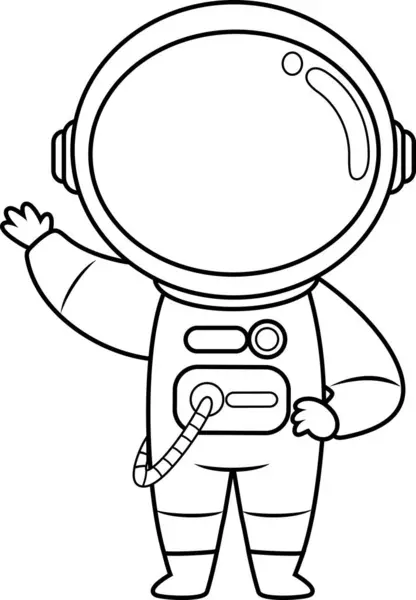 Outlined Cute Astronaut Cartoon Character Waving Greeting Dalam Bahasa Inggris Grafik Vektor