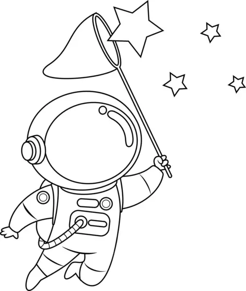 Outlined Cute Astronaut Cartoon Character Catching Stars Vector Hand Drawn Stok Vektor