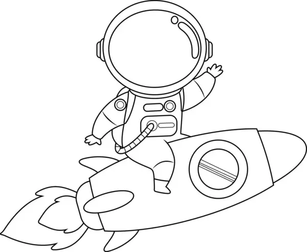 Outlined Cute Astronaut Cartoon Character Riding Rocket Waving Vector Hand Ilustrações De Bancos De Imagens Sem Royalties