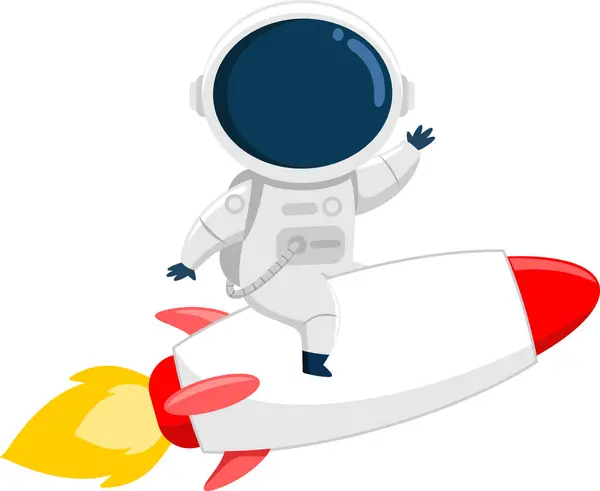 Cute Astronaut Cartoon Character Riding Rocket Waving Vector Illustration Desain Stok Ilustrasi 