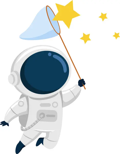 Cute Astronaut Cartoon Character Catching Stars Vector Illustration Flat Design lizenzfreie Stockvektoren