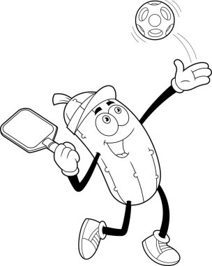 Çizilmiş Komik Turşu Çizgi Karakteri Pickleball oynuyor. Vektör El Çizimi Görünümü Şeffaf Arkaplanda İzole Edildi