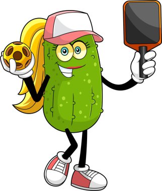 Tatlı Turşu Kız Çizgi Film Karakteri Sunar Pickleball Sport. Vektör El Çizimi Görünümü Şeffaf Arkaplanda İzole Edildi