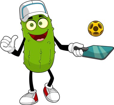 Komik Turşu Çizgi Film Karakteri Sunar Pickleball Sport. Vektör El Çizimi Görünümü Şeffaf Arkaplanda İzole Edildi