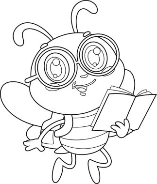 Sırt çantası ve not defteriyle uçan sevimli okul arısı çizgi film karakteri. Vektör Resimli Düz Tasarım Şeffaf Arkaplanda İzole Edildi