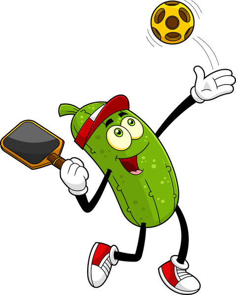 Funny Pickle Cartoon Character Playing Pickleball. Vector Hand Drawn Illustration Isolated On Transparent Background