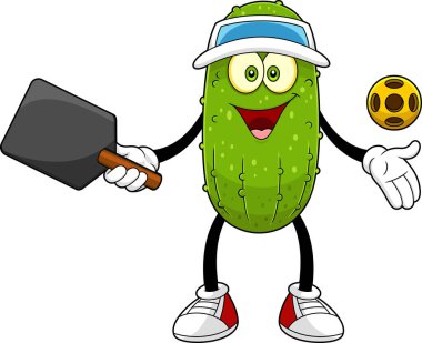 Komik Turşu Çizgi Filmi Karakteri Pickleball Sport oynuyor. Vektör El Çizimi Görünümü Şeffaf Arkaplanda İzole Edildi