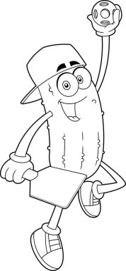 Çizilmiş Komik Turşu Çizgi Karakteri Pickleball Sporu Oynuyor. Vektör El Çizimi Görünümü Şeffaf Arkaplanda İzole Edildi