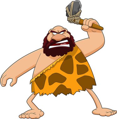 Kızgın Mağara Adamı çizgi film karakteri elinde bir taş balta tutuyor. Vektör El Çizimi Görünümü Şeffaf Arkaplanda İzole Edildi