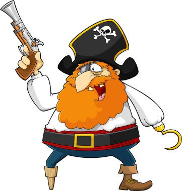 Tabanca ve Kancalı Komik Korsan Çizgi Karakteri. Vektör El Çizimi Görünümü Şeffaf Arkaplanda İzole Edildi