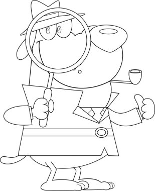 Dedektif Köpek Çizgi Filmi Karakteri elinde büyüteç tutuyor ve başparmaklarını kaldırıyor. Vektör El Çizimi Görünümü Şeffaf Arkaplanda İzole Edildi